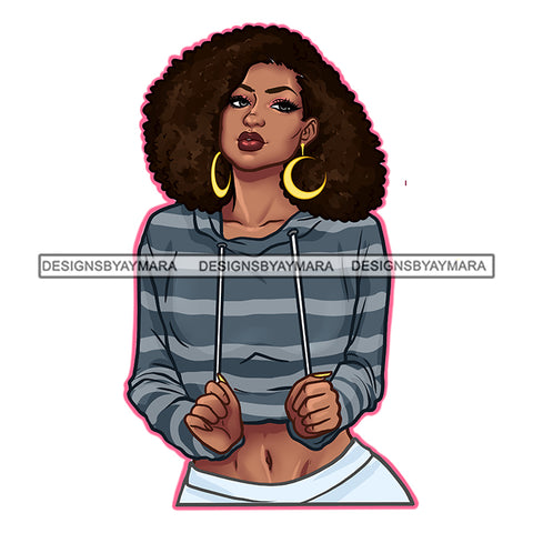 Gray Hoodie Afro Woman Hoop Earrings Sassy JPG PNG Vector Clipart Cricut Silhouette Cut Cutting