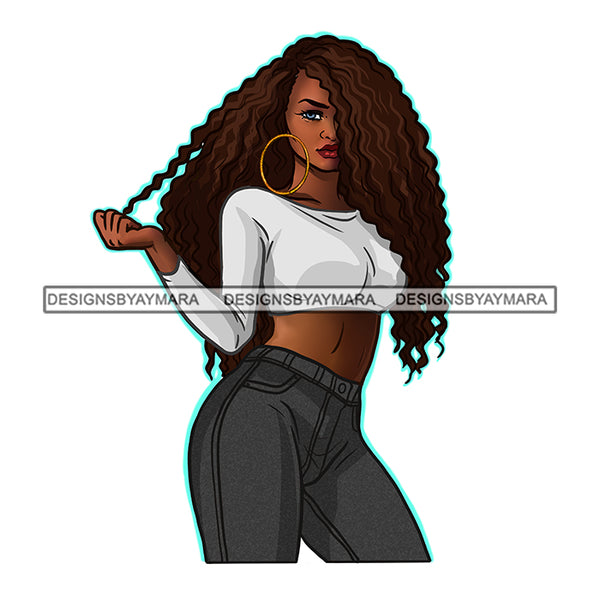 Long Wavy Hair Afro Woman Hoop Earrings Sassy JPG PNG Vector Clipart Cricut Silhouette Cut Cutting
