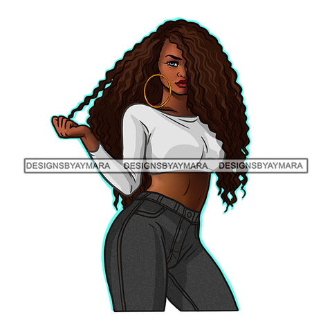 Long Wavy Hair Afro Woman Hoop Earrings Sassy JPG PNG Vector Clipart Cricut Silhouette Cut Cutting