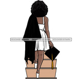 Afro Woman Walking Stairs African American Graduation Woman Backside Design Element Holding Hat Moving Forward SVG JPG PNG Vector Clipart Cricut Silhouette Cut Cutting