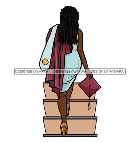 Graduation Woman Cap Diploma Achievement Education College Ceremony Student Success Graduate Afro Woman Standing On Stair Design Element SVG JPG PNG Vector Clipart Cricut Cutting Files