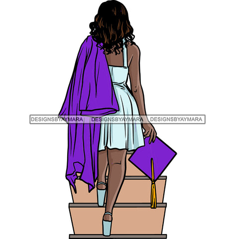 Graduation Woman Cap Diploma Achievement Education College Ceremony Student Standing On Stair Design Element Purple And White Color Success Graduate SVG JPG PNG Vector Clipart Cricut Cutting Files
