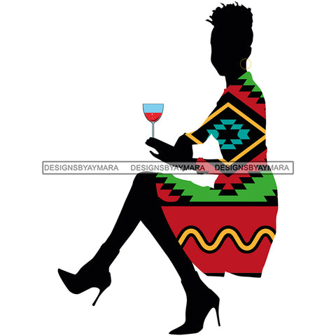 Silhouette Woman Having Wine Pink Green Pattern Filled Dress JPG PNG  Clipart Cricut Silhouette Cut Cutting