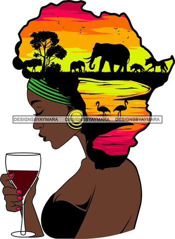 African American Woman Goddess Drinking Wine Safari Savanna Africa Continent SVG Files For Cutting and More!