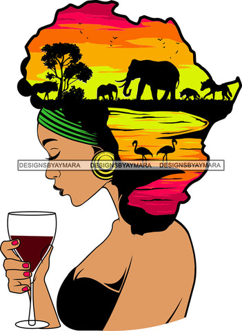 African American Woman Goddess Drinking Wine Safari Savanna Africa Continent SVG Files For Cutting and More!