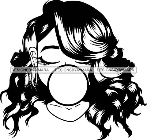 Afro Lili Black Girl Woman Bubble Gum Queen Melanin Curly Hair Style Personal & Commercial Use B/W SVG Cutting Files For Silhouette Cricut More