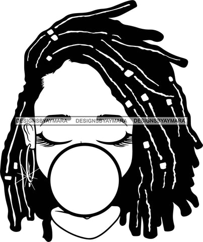 Afro Lili Black Girl Woman Bubble Gum Queen Melanin Dreadlocks Hair Style Personal & Commercial Use B/W SVG Cutting Files For Silhouette Cricut More