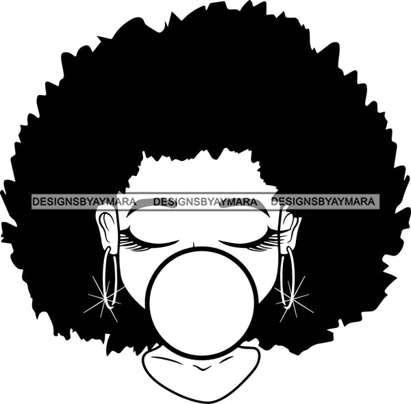 Afro Lili Black Girl Woman Bubble Gum Queen Melanin Afro Hair Style Personal & Commercial Use B/W SVG Cutting Files For Silhouette Cricut More