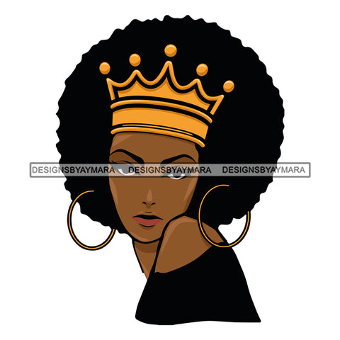 Afro Attractive Black Woman Hoop Earrings Queen Royalty Afro Hair Style SVG Cutting Files For Silhouette Cricut More