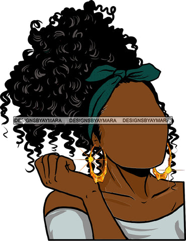 No Face Big Hair Curly Green Bow Headband  Gold Hoop Earrings Afro Woman SVG JPG PNG Vector Clipart Cricut Silhouette Cut Cutting