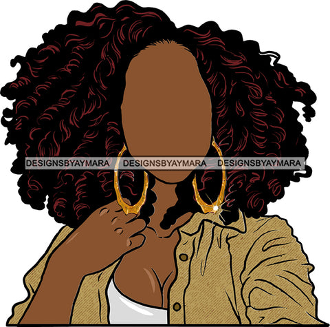 Wavy Curly Hair No Face Gold Blouse Top Shirt Hoop Earrings  Black Woman Afro Hair Hairclips SVG JPG PNG Vector Clipart Cricut Silhouette Cut Cutting