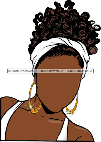 No Face Gold Hoop Earrings Curly Hair White Headwrap Headband Black Woman Afro Hair SVG JPG PNG Vector Clipart Cricut Silhouette Cut Cutting