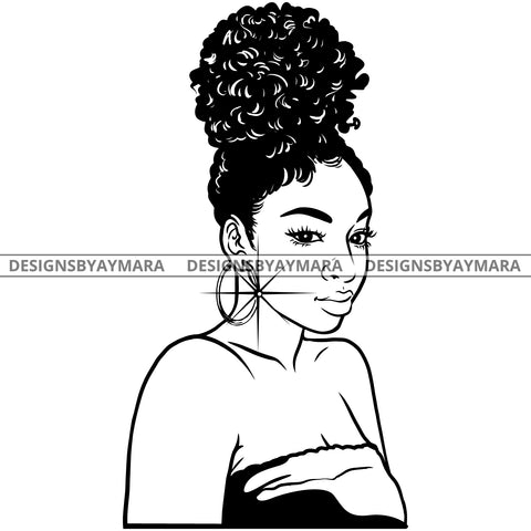 Afro Attractive Cute Urban Girl Boss Lady Queen Melanin Bamboo Hoop Earrings Curly Up Do Hair Style  B/W SVG Cutting Files For Silhouette Cricut More