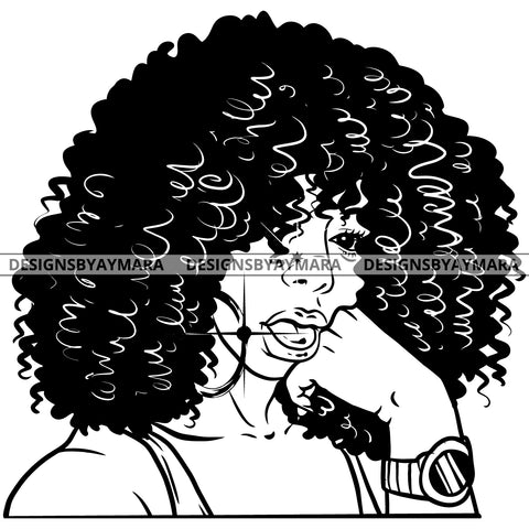 Afro Attractive  Urban Girl Boss Lady Queen Melanin Bamboo Hoop Earrings Curly Hair Style  B/W SVG Cutting Files For Silhouette Cricut More