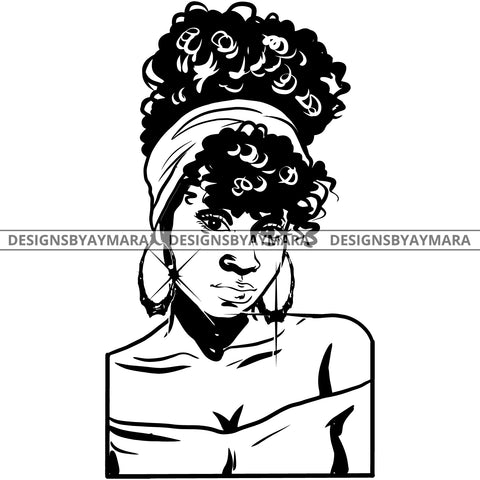 Afro Attractive Cute Urban Girl Boss Lady Queen Melanin Bamboo Hoop Earrings Curly Up Do Hair Style  B/W SVG Cutting Files For Silhouette Cricut More