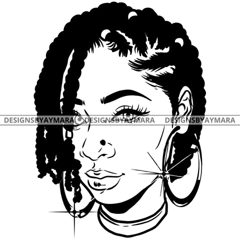 Afro Attractive Cute Urban Girl Boss Lady Queen Melanin Bamboo Hoop Earring Nose Piercing Braids Hair Style  B/W SVG Cutting Files For Silhouette Cricut More