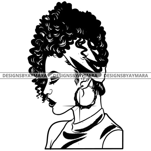 Afro Attractive Cute Urban Girl Boss Lady Queen Melanin Bamboo Hoop Earrings Curly Up Do Hair Style  B/W SVG Cutting Files For Silhouette Cricut More