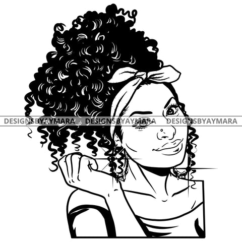 Afro Attractive Cute Urban Girl Boss Lady Queen Melanin Bamboo Hoop Earrings Curly Hair Style  B/W SVG Cutting Files For Silhouette Cricut More