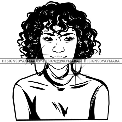 Afro Attractive Cute Urban Girl Boss Lady Queen Melanin Bamboo Hoop Earrings Curly Hair Style  B/W SVG Cutting Files For Silhouette Cricut More
