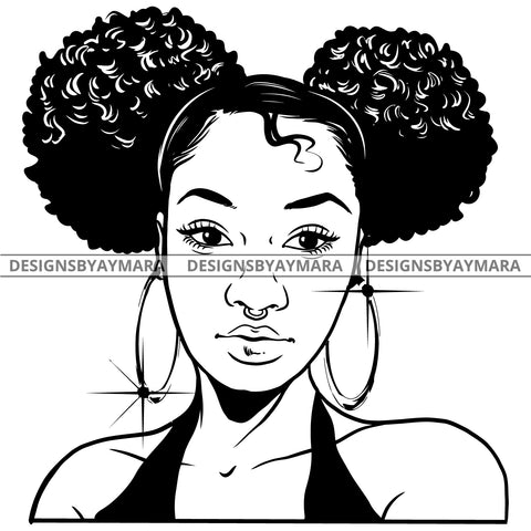 Afro Attractive Cute Urban Girl Boss Lady Queen Melanin Bamboo Hoop Earrings Curly Pigtails Hair Style B/W SVG Cutting Files For Silhouette Cricut More