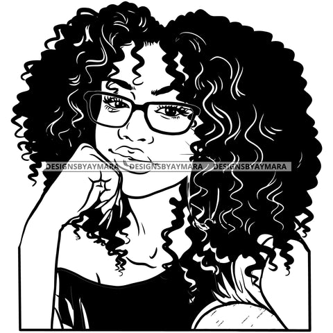 Afro Attractive Cute Urban Girl Boss Lady Queen Melanin Bamboo Hoop Earrings Glasses Curly Hair Style  B/W SVG Cutting Files For Silhouette Cricut More