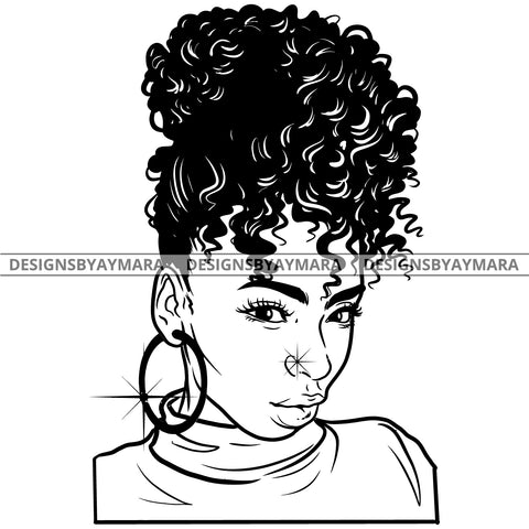 Afro Attractive Cute Urban Girl Boss Lady Queen Melanin Bamboo Hoop Earrings Curly Up Do Hair Style  B/W SVG Cutting Files For Silhouette Cricut More
