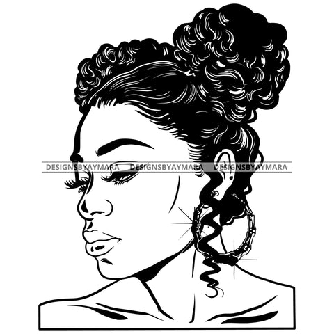 Afro Attractive Cute Urban Girl Boss Lady Queen Melanin Bamboo Hoop Earrings Curly Up Do Hair Style  B/W SVG Cutting Files For Silhouette Cricut More