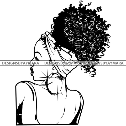 Afro Attractive Cute Urban Girl Boss Lady Queen Melanin Bamboo Hoop Earrings Curly Up Do Hair Style  B/W SVG Cutting Files For Silhouette Cricut More