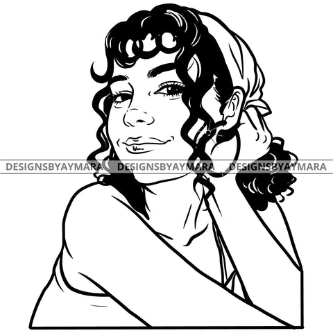 Afro Attractive Cute Urban Girl Boss Lady Queen Melanin Bandana Bamboo Hoop Earrings Curly Hair Style  B/W SVG Cutting Files For Silhouette Cricut More