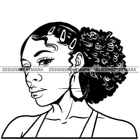 Afro Attractive Cute Urban Girl Boss Lady Queen Melanin Bamboo Hoop Earrings Curly Up Do Hair Style  B/W SVG Cutting Files For Silhouette Cricut More