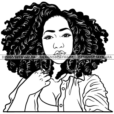 Afro Attractive Cute Urban Girl Boss Lady Queen Melanin Bamboo Hoop Earrings Afro Hair Style  B/W SVG Cutting Files For Silhouette Cricut More