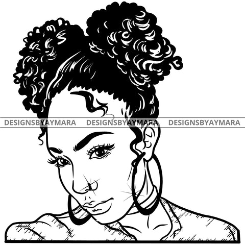 Afro Attractive Cute Urban Girl Boss Lady Queen Melanin Bamboo Hoop Earrings Curly Pigtails Hair Style B/W SVG Cutting Files For Silhouette Cricut More