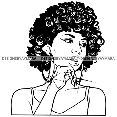 Afro Attractive Cute Urban Girl Boss Lady Queen Melanin Bamboo Hoop Earrings Curly Hair Style  B/W SVG Cutting Files For Silhouette Cricut More