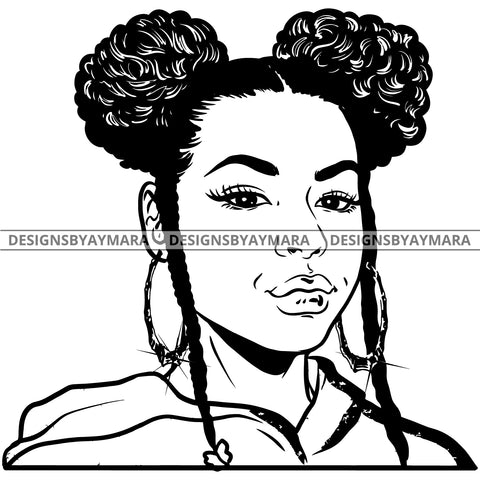 Afro Attractive Cute Urban Girl Boss Lady Queen Melanin Bamboo Hoop Earrings Curly Pigtails Hair Style B/W SVG Cutting Files For Silhouette Cricut More