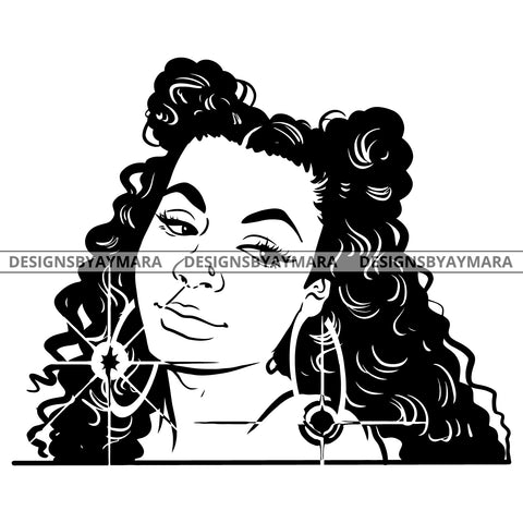 Afro Attractive Cute Urban Girl Boss Lady Queen Melanin Hoop Earrings Pigtails Hair Style  B/W SVG Cutting Files For Silhouette Cricut More