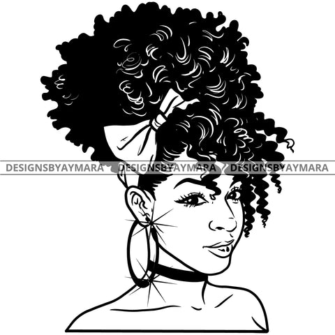 Afro Attractive Cute Urban Girl Boss Lady Queen Melanin Bow Bamboo Hoop Earrings Curly Up Do Hair Style  B/W SVG Cutting Files For Silhouette Cricut More