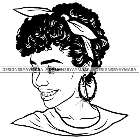 Afro Attractive Cute Urban Girl Boss Lady Queen Melanin Bamboo Hoop Earrings Short Curly Hair Style  B/W SVG Cutting Files For Silhouette Cricut More