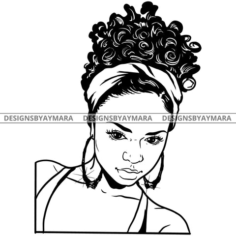 Afro Attractive Cute Urban Girl Boss Lady Queen Melanin Bamboo Bandana Hoop Earrings Curly Up Do Hair Style  B/W SVG Cutting Files For Silhouette Cricut More