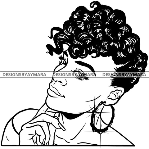 Afro Attractive Cute Urban Girl Boss Lady Queen Melanin Bamboo Hoop Earrings Short Curly Hair Style  B/W SVG Cutting Files For Silhouette Cricut More