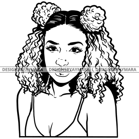 Afro Attractive Cute Urban Girl Boss Lady Queen Melanin Bamboo Hoop Earrings Curly Pigtails Hair Style B/W SVG Cutting Files For Silhouette Cricut More