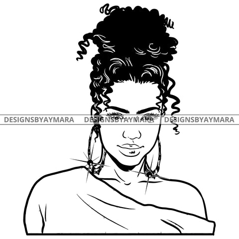 Afro Attractive Cute Urban Girl Boss Lady Queen Melanin Bamboo Hoop Earrings Curly Up Do Hair Style  B/W SVG Cutting Files For Silhouette Cricut More
