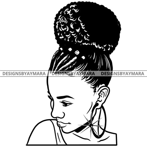 Afro Attractive Cute Urban Girl Boss Lady Queen Melanin Bamboo Hoop Earrings Up Do Hair Style  B/W SVG Cutting Files For Silhouette Cricut More
