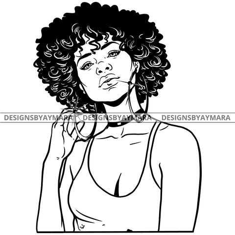 Afro Attractive Cute Urban Girl Boss Lady Queen Melanin Bamboo Hoop Earrings Afro Hair Style  B/W SVG Cutting Files For Silhouette Cricut More
