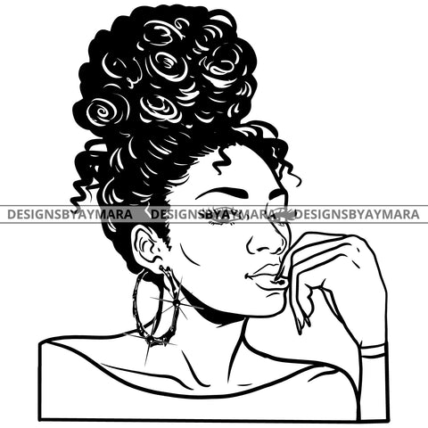 Afro Attractive Cute Urban Girl Boss Lady Queen Melanin Bamboo Hoop Earrings Curly Up Do Hair Style  B/W SVG Cutting Files For Silhouette Cricut More