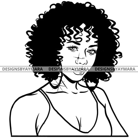Afro Attractive Cute Urban Girl Boss Lady Queen Melanin Bamboo Hoop Earrings Afro Hair Style  B/W SVG Cutting Files For Silhouette Cricut More