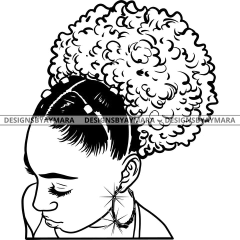 Afro Attractive Cute Urban Girl Boss Lady Queen Melanin Bamboo Hoop Earrings Curly Up Do Hair Style  B/W SVG Cutting Files For Silhouette Cricut More