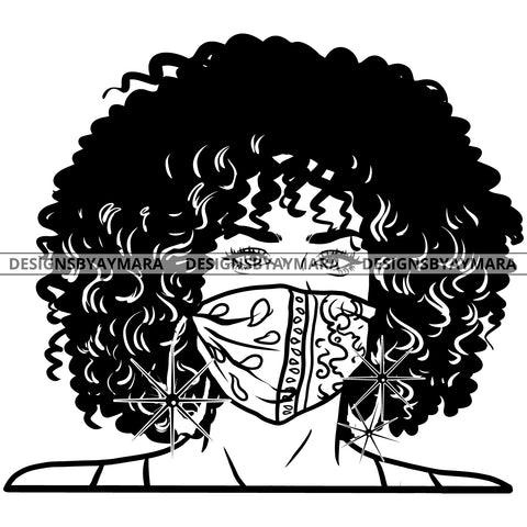 Afro Attractive Cute Urban Girl Boss Lady Queen Melanin Face Mask Bamboo Hoop Earrings Afro Hair Style  B/W SVG Cutting Files For Silhouette Cricut More
