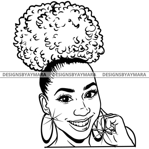 Afro Attractive Cute Urban Girl Boss Lady Queen Melanin Bamboo Hoop Earrings Curly Up Do Hair Style  B/W SVG Cutting Files For Silhouette Cricut More