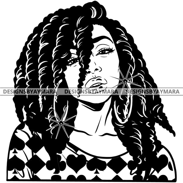 Afro Attractive Cute Urban Girl Boss Lady Queen Melanin Bamboo Hoop Earrings Dreadlocks  Hair Style B/W SVG Cutting Files For Silhouette Cricut More