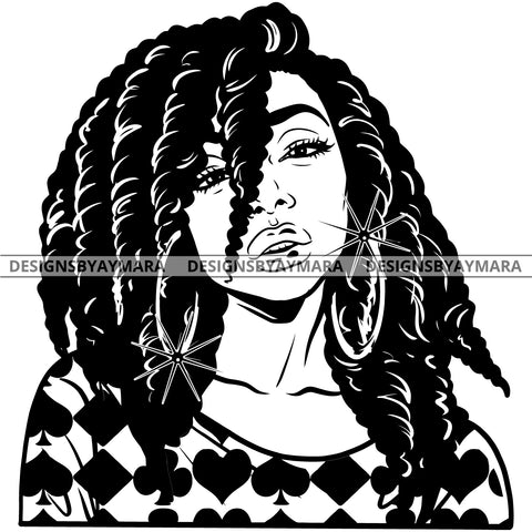 Afro Attractive Cute Urban Girl Boss Lady Queen Melanin Bamboo Hoop Earrings Dreadlocks  Hair Style B/W SVG Cutting Files For Silhouette Cricut More